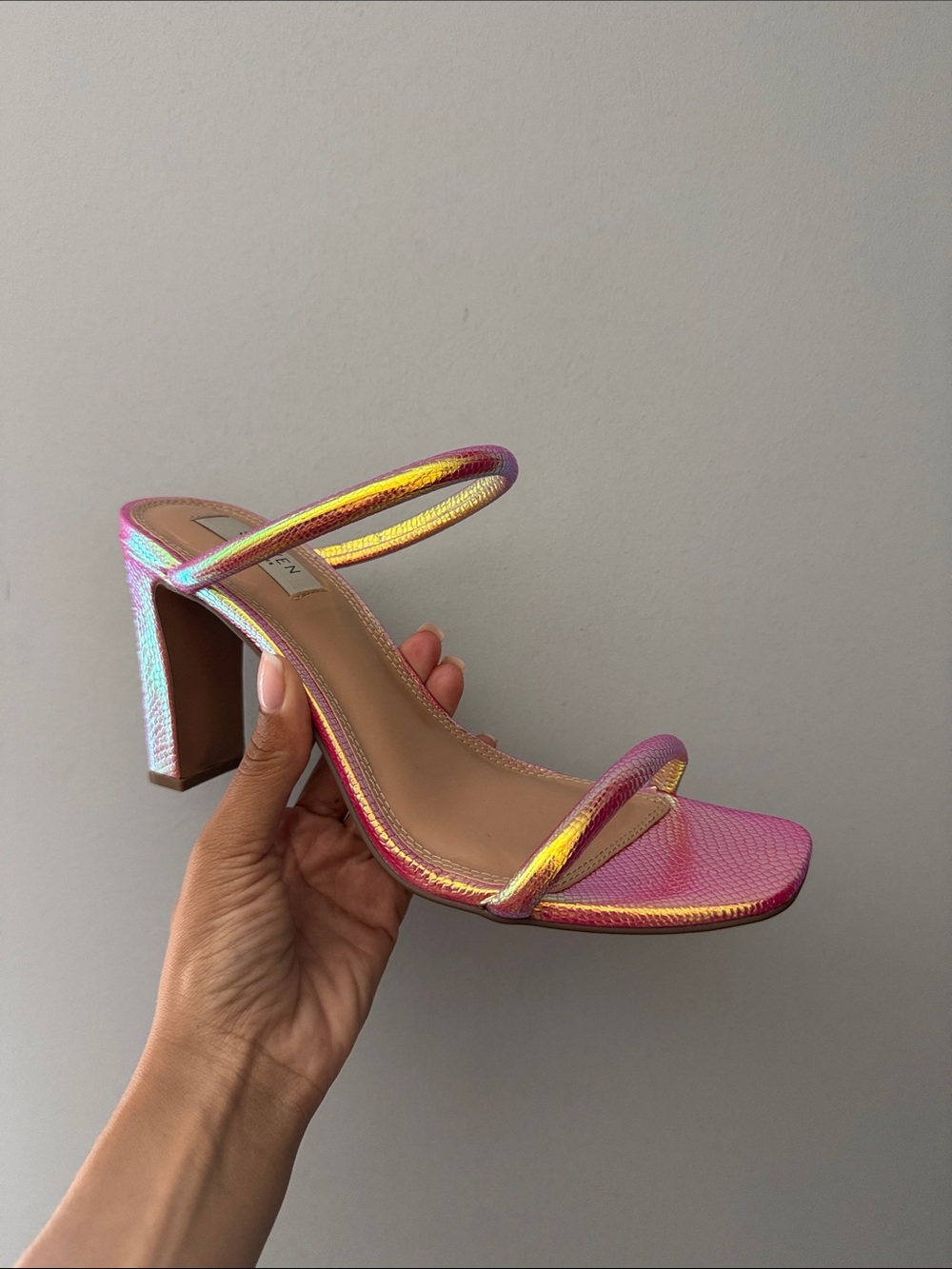 Steve Madden Iridescent Pink-Gold Strappy Block Heel Sandal